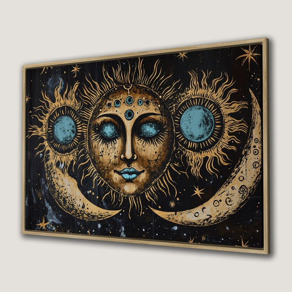 Framed Wall Art featuring a celestial sun and moon design in gold, teal, and black. Boho-inspired canvas print perfect for any room.