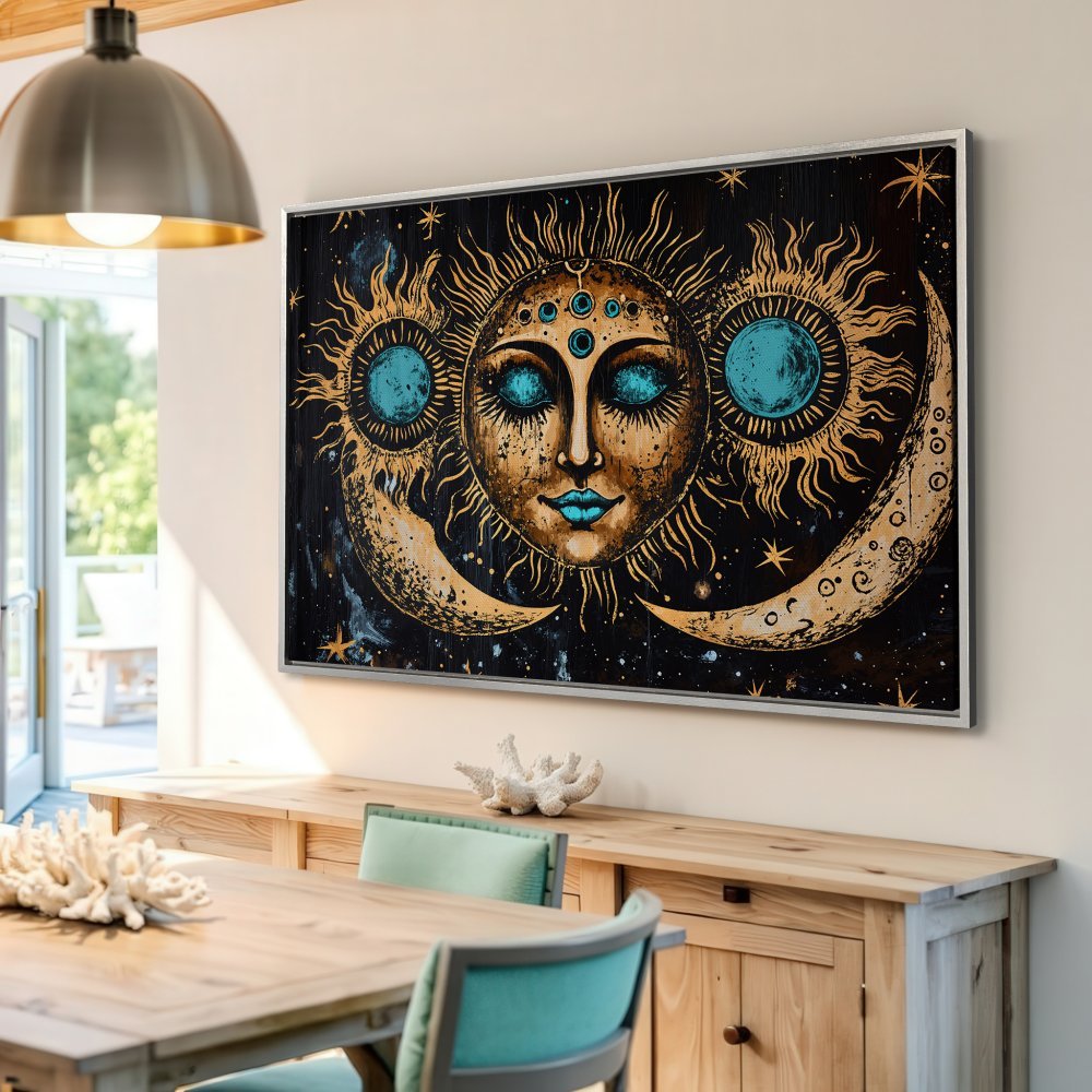 Framed Wall Art: Celestial sun and moon design in gold, teal, and black. Boho style Canvas Print for a unique interior.
