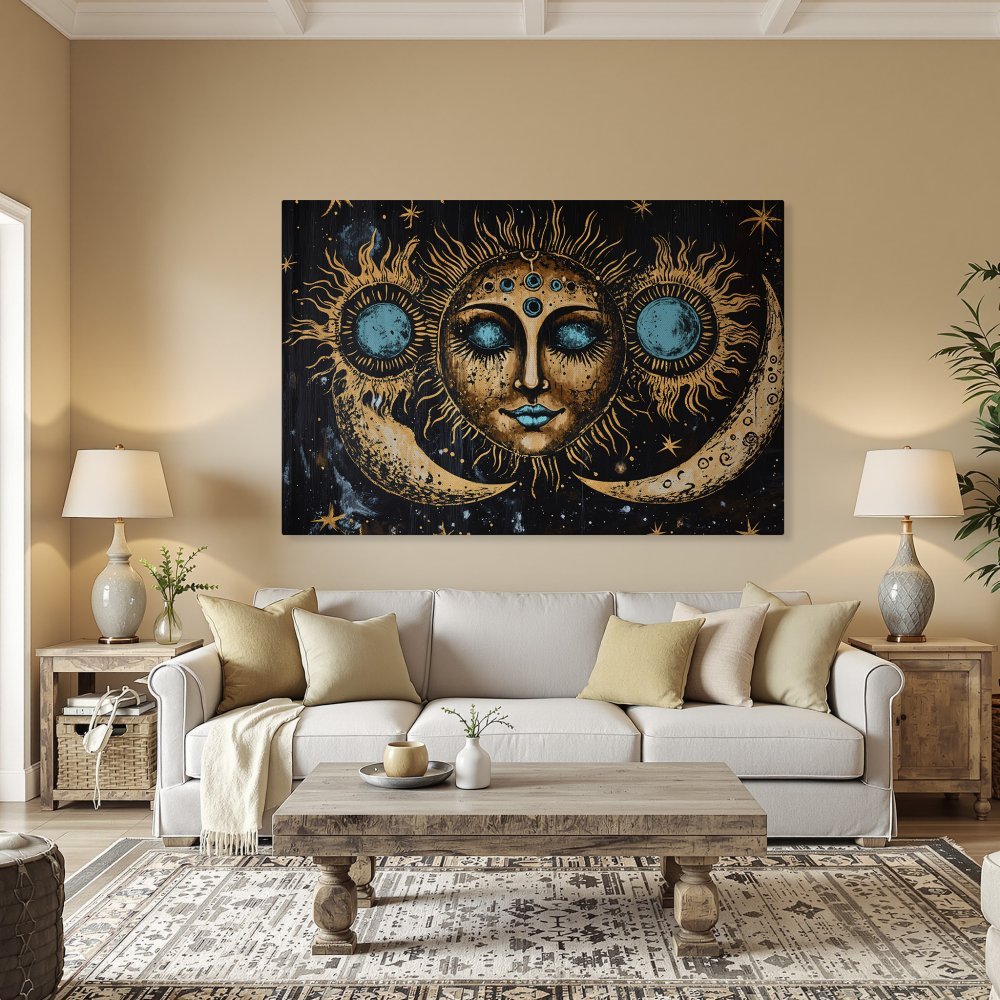 Framed Wall Art: Celestial sun and moon art print in teal and gold, adding a touch of bohemian style to your home decor.