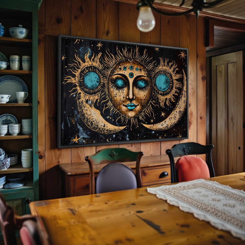 Framed Wall Art: Celestial sun and moon design in teal, gold, and black. Boho style canvas print adds mystical charm to any room.