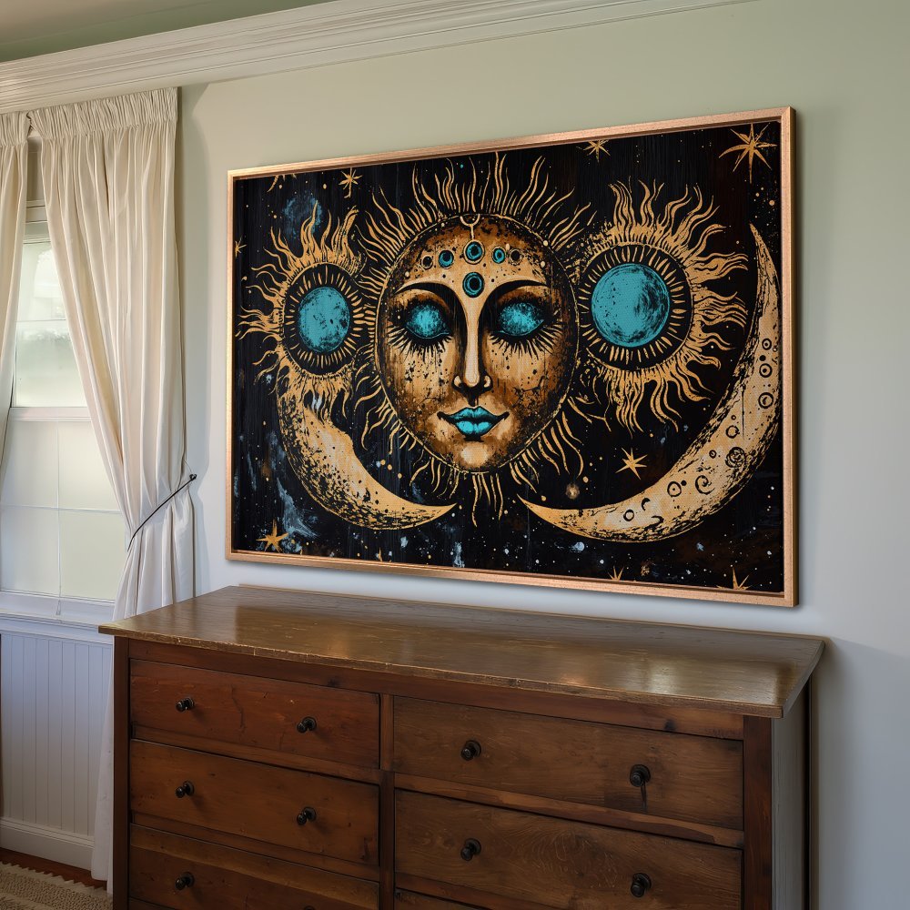 Framed Wall Art: Celestial sun and moon design in gold, teal, and black. Boho style canvas print adds unique flair to any room.