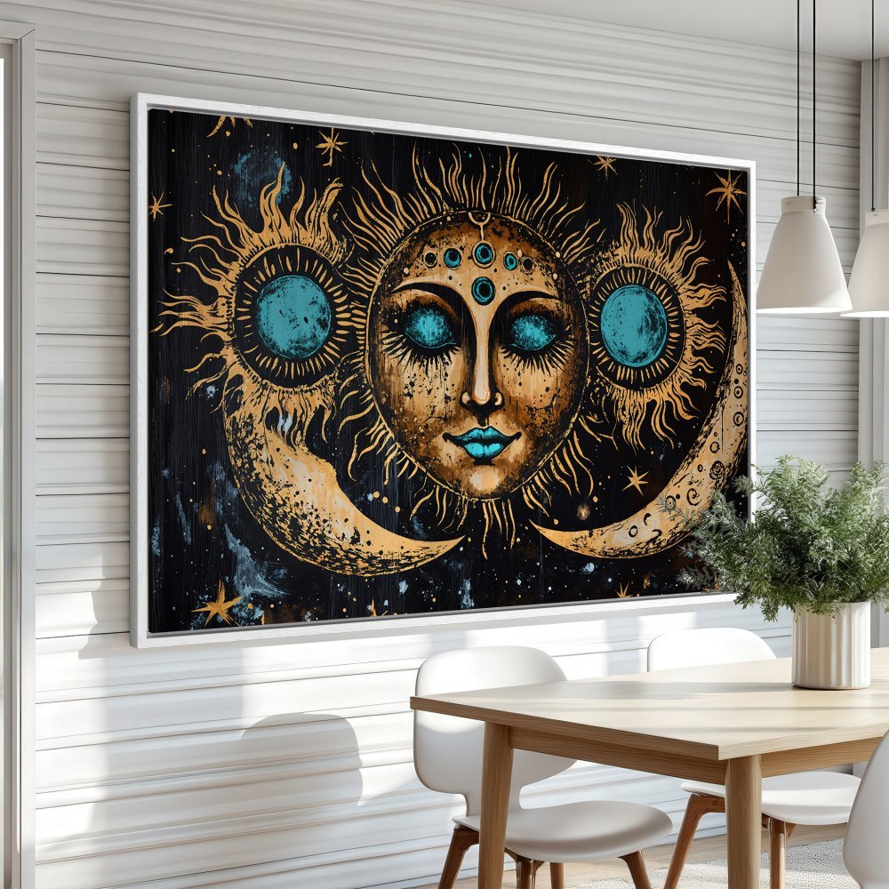 Framed Wall Art: Celestial Sun & Moon Canvas Print in gold, teal & black. Boho style art for your home decor.