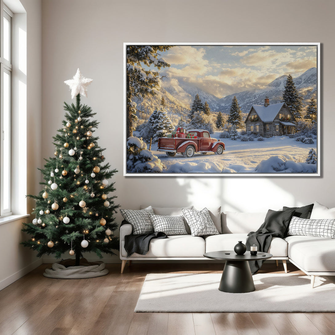 Framed Wall Art: Winter landscape Canvas Print with a red truck, cabin, and snowy mountains. Warm, inviting color palette perfect for holiday decor.