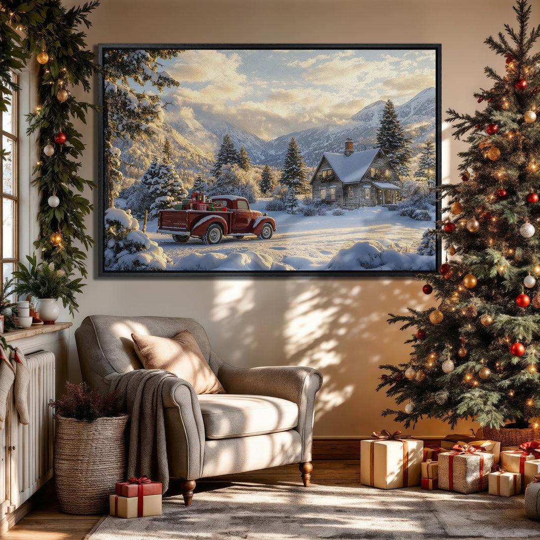 Framed Wall Art: Winter landscape Canvas Print with a red truck, cabin, and snowy mountains. Warm, inviting colors create a cozy holiday vibe.