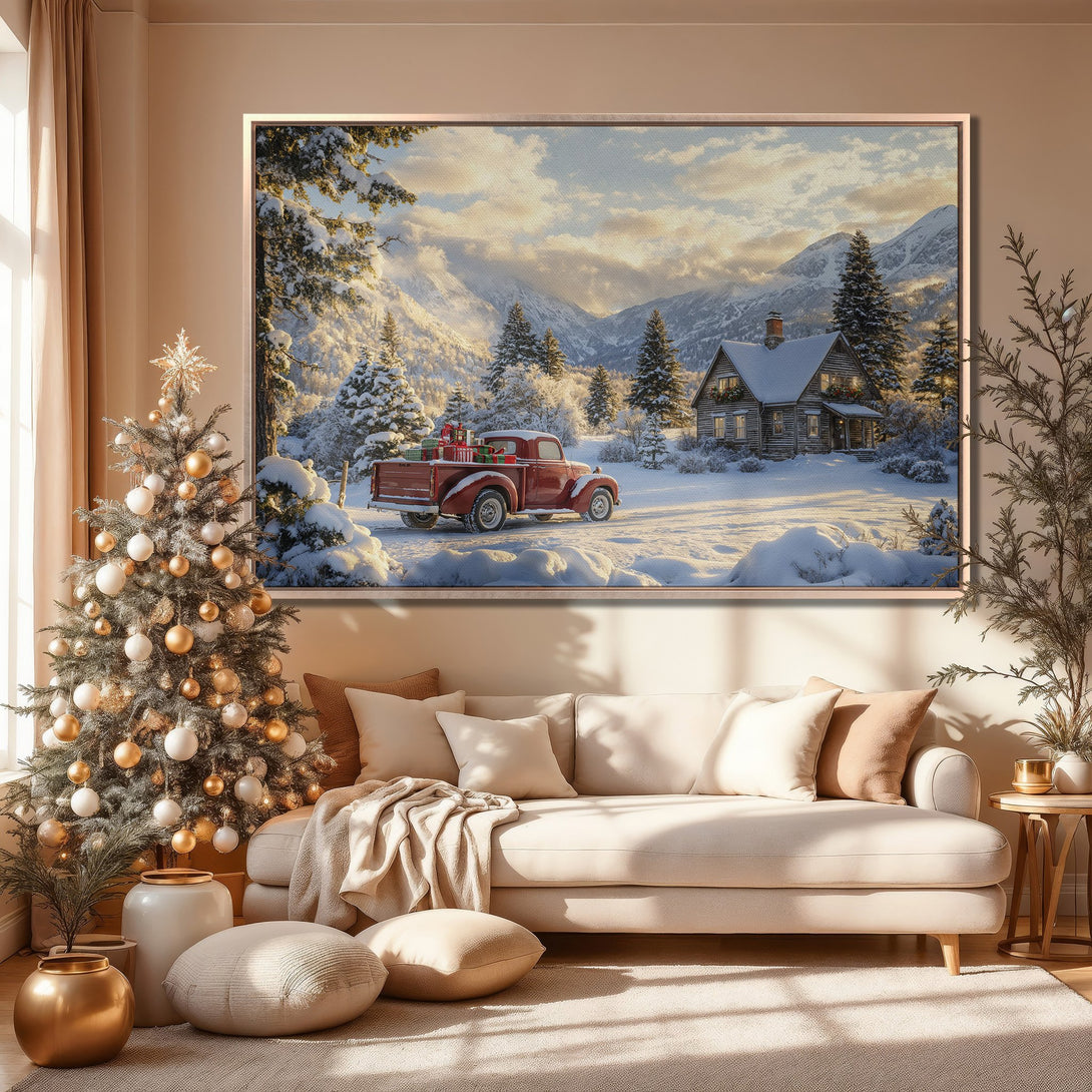 Framed Wall Art of a winter scene with a red truck and cabin. Warm, inviting color palette. Perfect for cozy home decor.