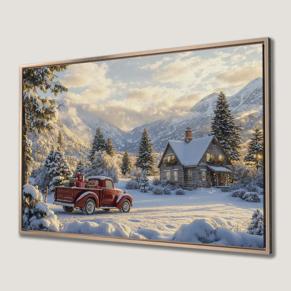 Canvas Print: Cozy winter scene with red truck, cabin, and snowy mountains. Warm, inviting colors for a festive holiday vibe.