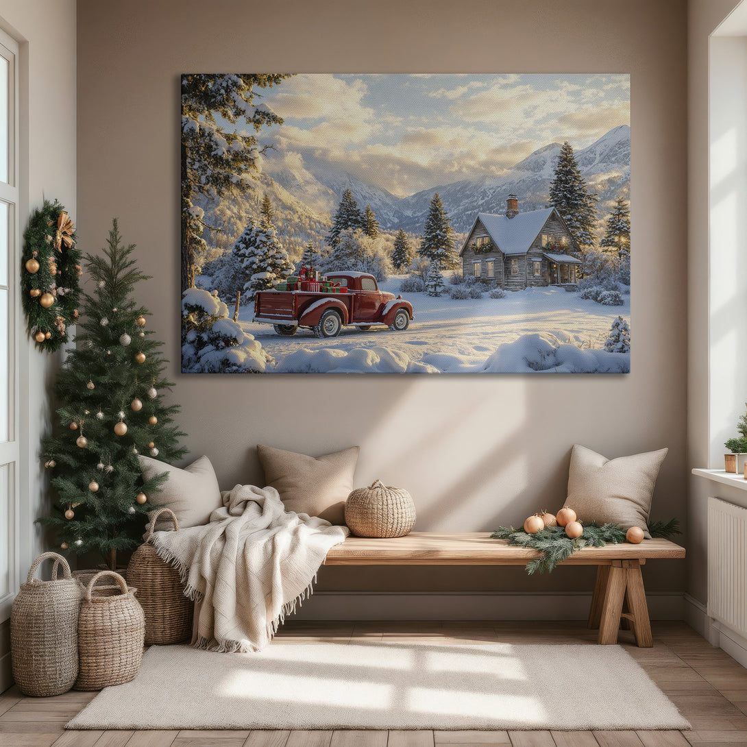 Framed Wall Art: Cozy winter scene with red truck, cabin, and snowy mountains. Warm, inviting color palette. Perfect for holiday decor.