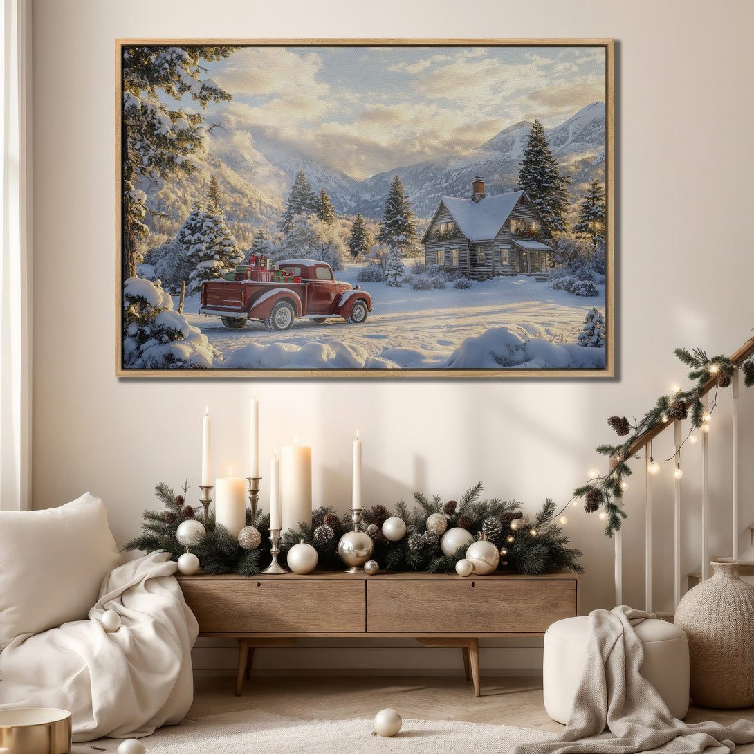 Framed Wall Art: Winter landscape Canvas Print with a cozy cabin and red truck. Warm, inviting colors perfect for holiday decor.
