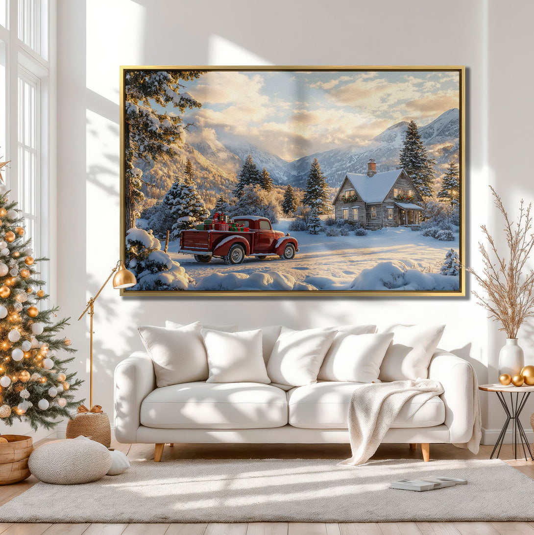 Canvas Print of a snowy winter scene with a red truck. Warm, inviting artwork in neutral tones, perfect for cozy home decor.