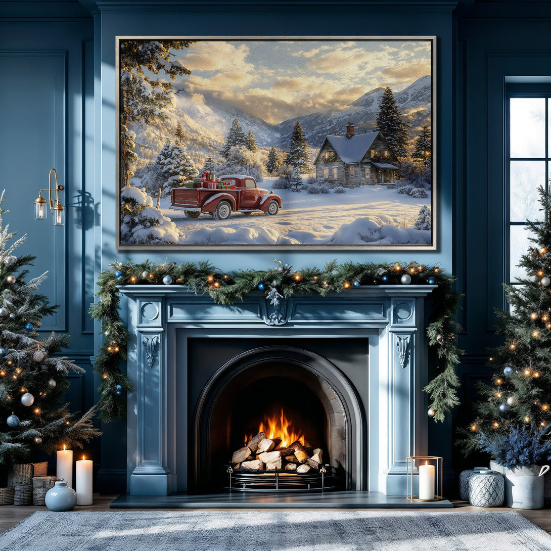Framed Wall Art: Cozy winter scene Canvas Print with red truck, snowy landscape, and warm color palette. Perfect for holiday decor!