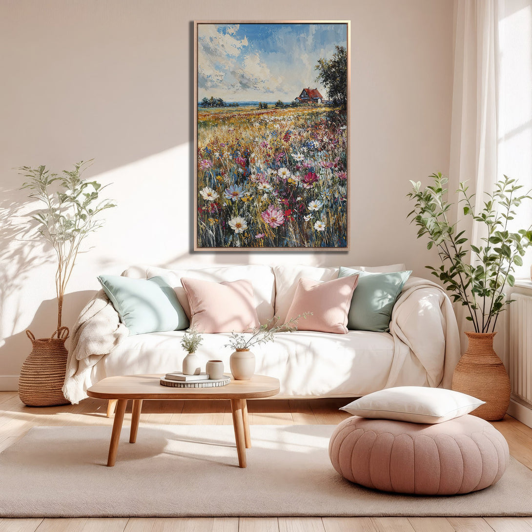 Framed Wall Art of a vibrant floral field painting in a warm, neutral interior. Beautiful artwork with a colorful, impressionistic style. Enhance your space!