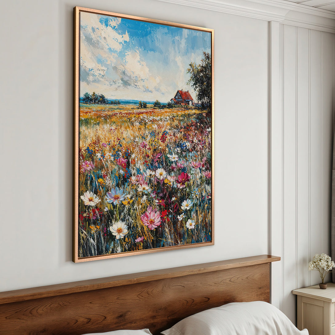 Framed Wall Art of a vibrant wildflower field painting. Impressionist style with a colorful palette of blues, yellows, pinks, and greens. Perfect for home decor.