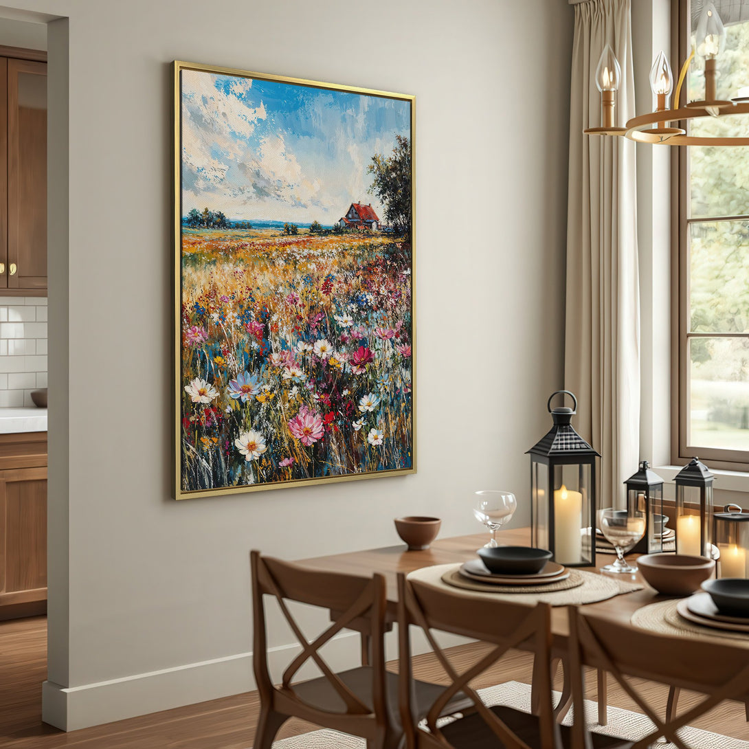 Canvas Print of a vibrant wildflower field painting, featuring a rustic farmhouse, with a warm, colorful palette. Perfect wall art for any home.