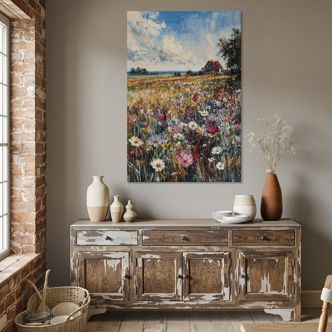 Framed Wall Art: Impressionist landscape Canvas Print with vibrant wildflowers, blue sky, and a warm color palette. Perfect for adding art to your dining room!