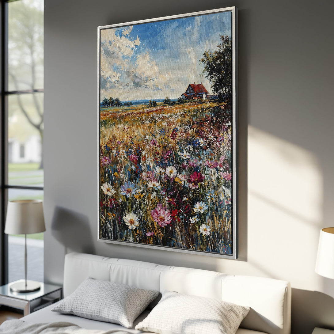 Framed Wall Art: Impressionist painting of a field of wildflowers in a bedroom. Vibrant colors of blue, pink, and yellow. Bring nature indoors!