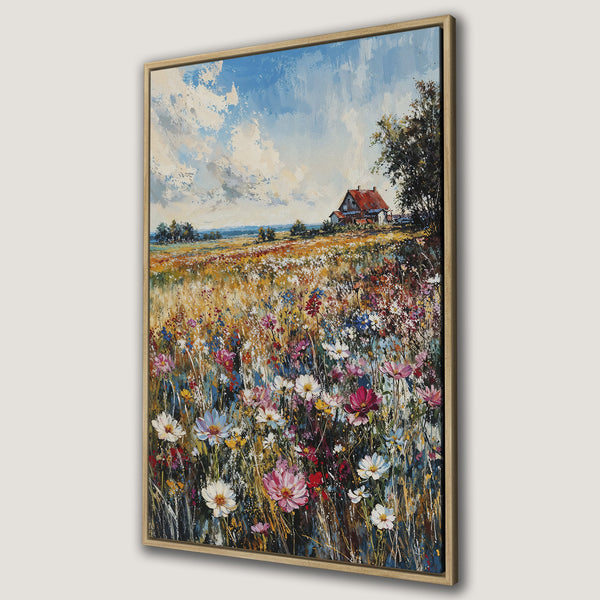 Framed Wall Art featuring a vibrant wildflower meadow scene. Impressionistic style with a warm, colorful palette of blues, greens, yellows, and pinks. Perfect for any home.