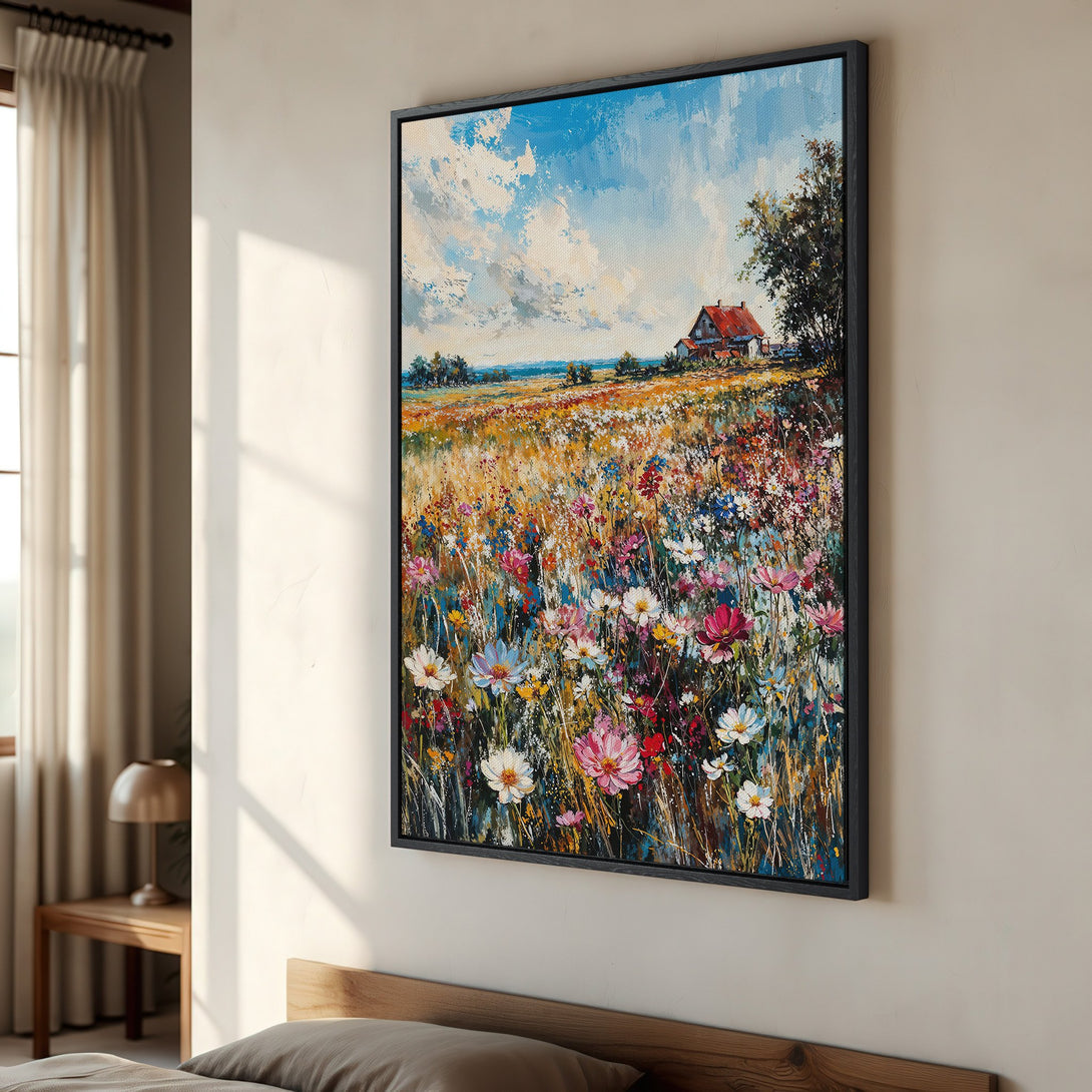 Framed Wall Art featuring a vibrant impressionist landscape with wildflowers, a house, and a blue sky. Warm, colorful palette perfect for home decor.