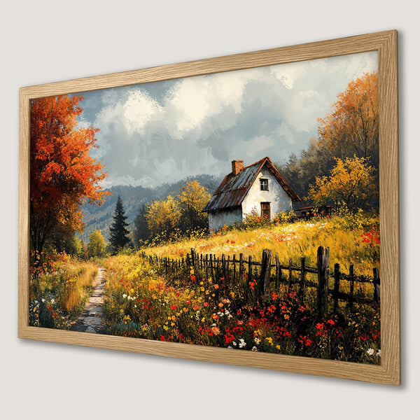 Framed Poster featuring a serene landscape painting of a cottage in a field, with warm autumnal colors and a painterly style.