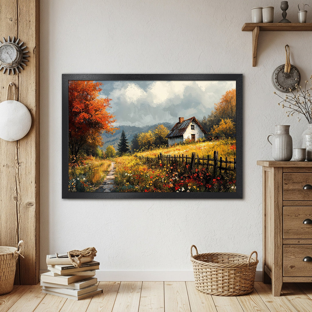 Framed Poster of a picturesque landscape with a cottage, featuring warm autumn colors. Perfect wall art!