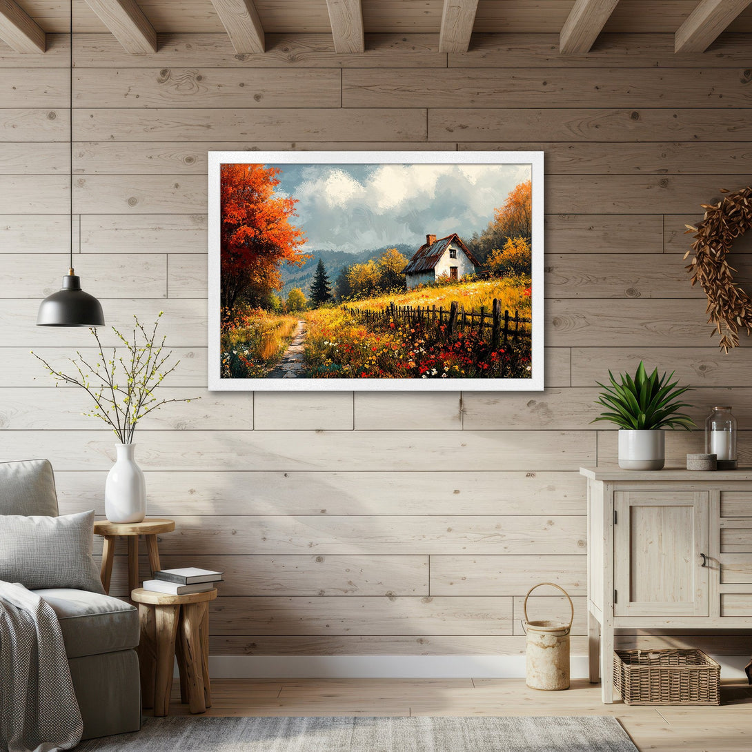 Framed Poster of a rustic landscape painting with a cabin, warm autumn colors. Perfect wall art for cozy home decor.