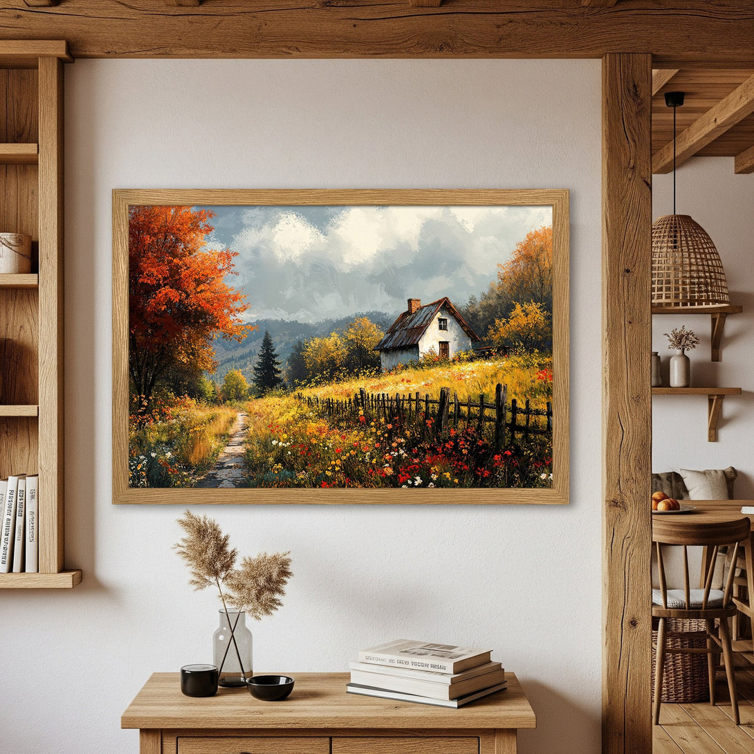 Framed Poster featuring a serene landscape painting in warm autumn hues. Captures a cozy cottage scene with a rustic, painterly style.