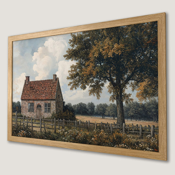 Framed Poster of a rustic landscape painting with a house, trees, and a warm color palette. Perfect wall art!