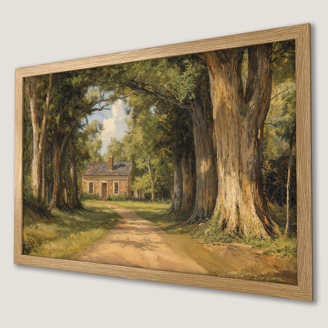 Framed Poster of a serene forest path leading to a cottage. Classic painting style with warm, earthy tones. Add tranquility to your space!