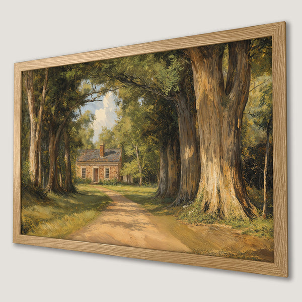 Framed Poster of a serene forest path leading to a cottage. Classic painting style with warm, earthy tones. Add tranquility to your space!