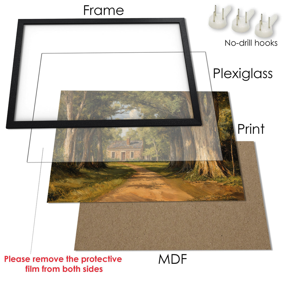 Framed Poster of a scenic landscape with a house, in a natural color palette. Add art to your home!