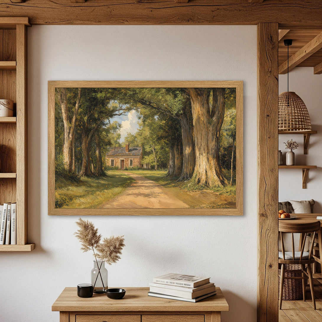 Framed Poster of a serene country road scene, classic art style, warm earthy tones. Bring nature's beauty to your home!