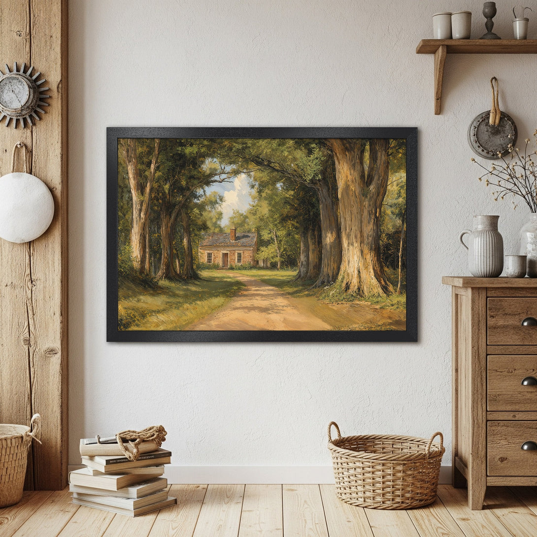 Framed Poster of a charming road leading to a house, in a classic style with a warm, earthy color palette.