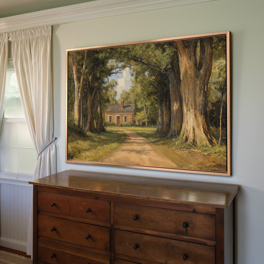Framed Wall Art: Landscape painting of a path leading to a house, with a warm, earthy color palette. Perfect for adding a touch of nature to your home!
