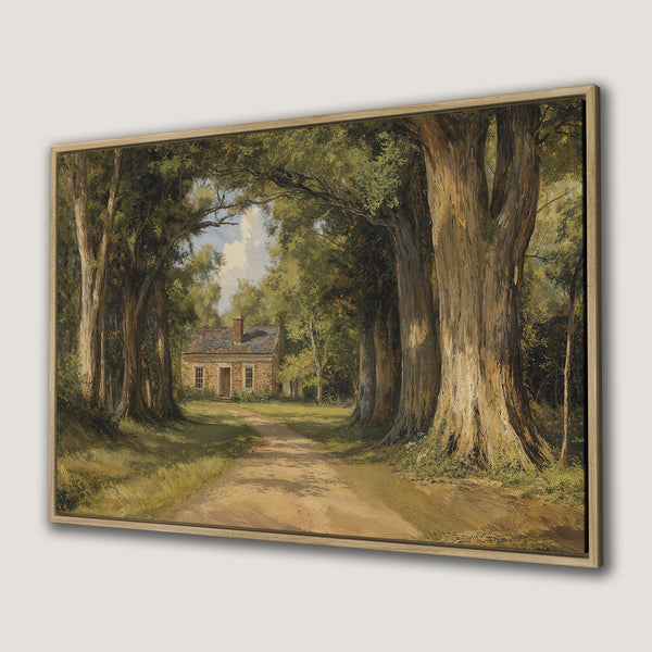 Framed Wall Art: Serene landscape Canvas Print featuring a path leading to a house, painted in a classic style with earthy tones. Perfect for any room!