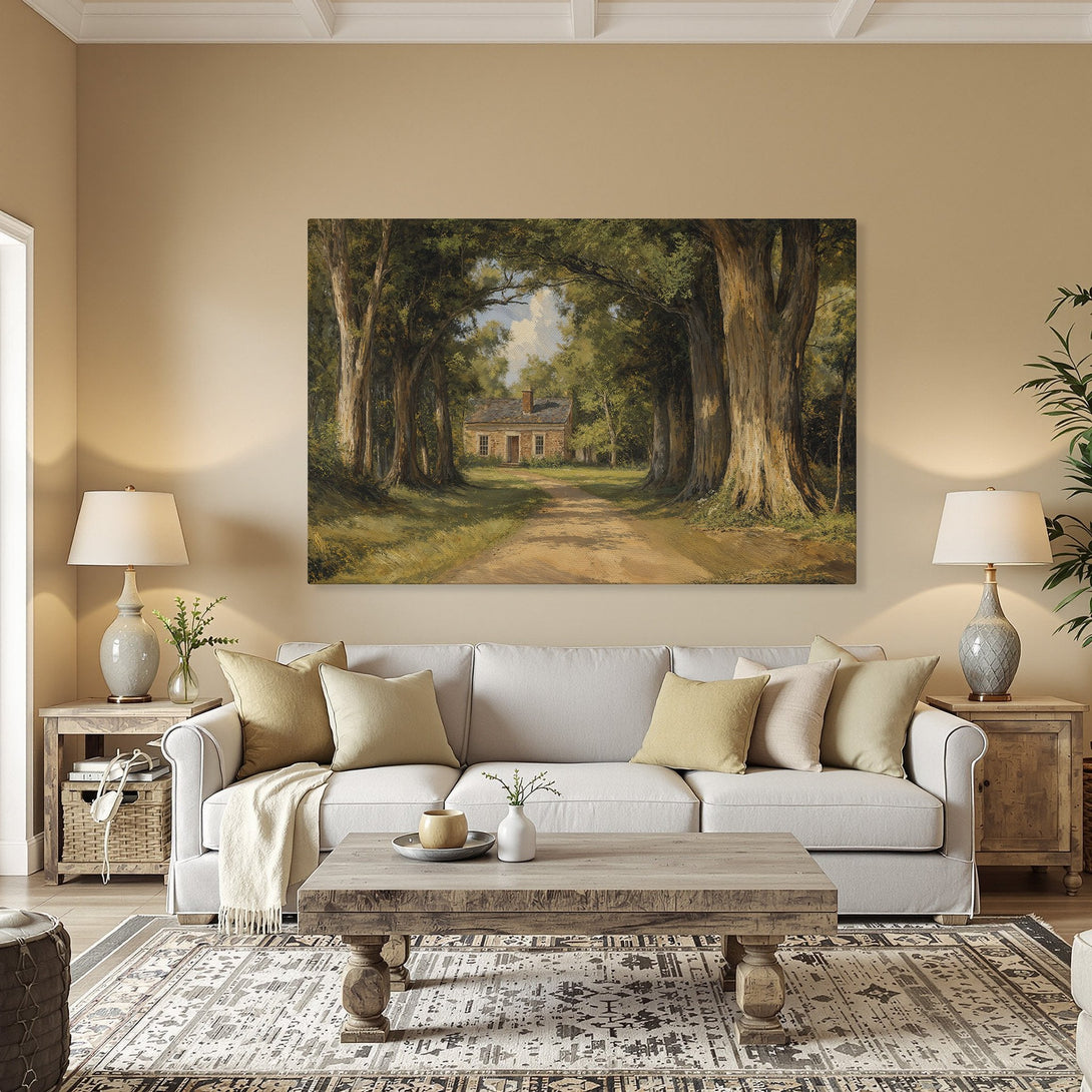 Framed Wall Art: Scenic landscape Canvas Print with a classic style, featuring a path leading to a house, in a warm, earthy color palette.