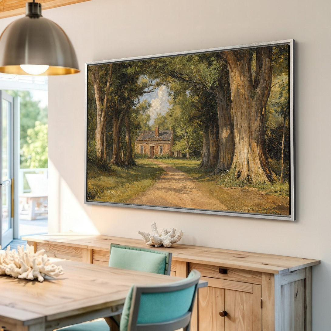 Framed Wall Art: Scenic landscape Canvas Print of a country road leading to a house, in a warm, earthy color palette. Perfect for rustic decor.