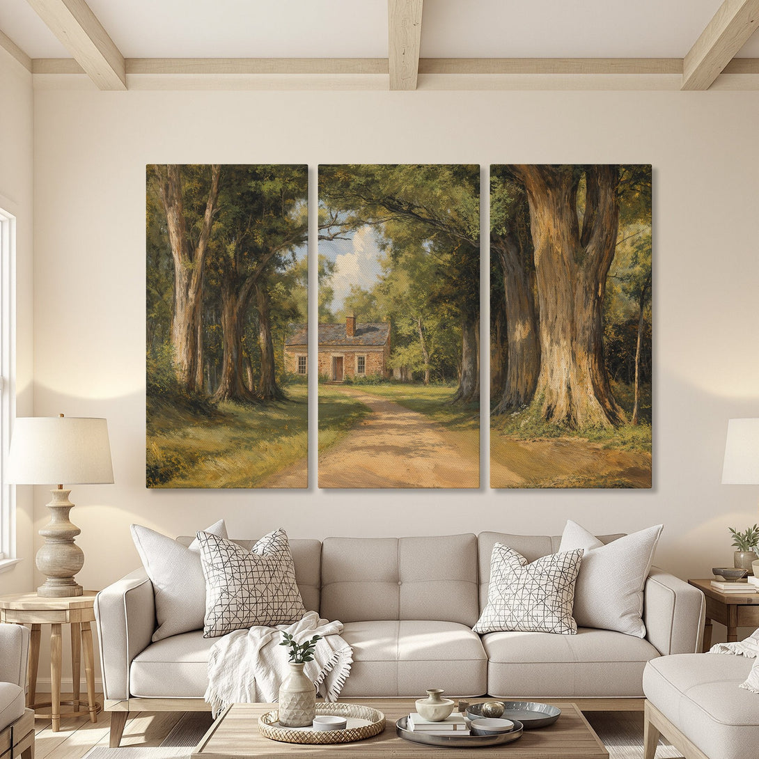Canvas Print of a serene forest landscape painting in warm earth tones, displayed in a cozy living room setting.