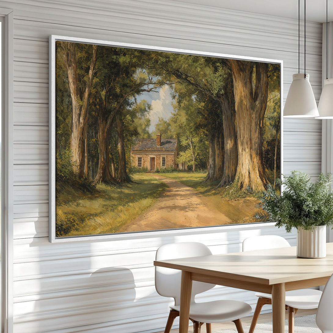 Framed Wall Art: Landscape painting of a house on a path, warm earth tones. Classic style Canvas Print, perfect for home decor.
