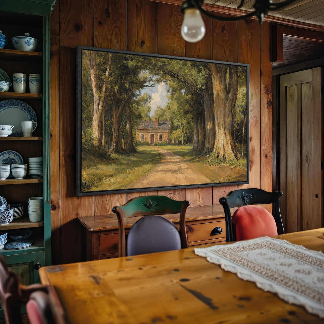 Framed Wall Art: Serene landscape Canvas Print in a rustic dining room. Earthy tones and classic style create a warm, inviting atmosphere. Perfect for home decor!
