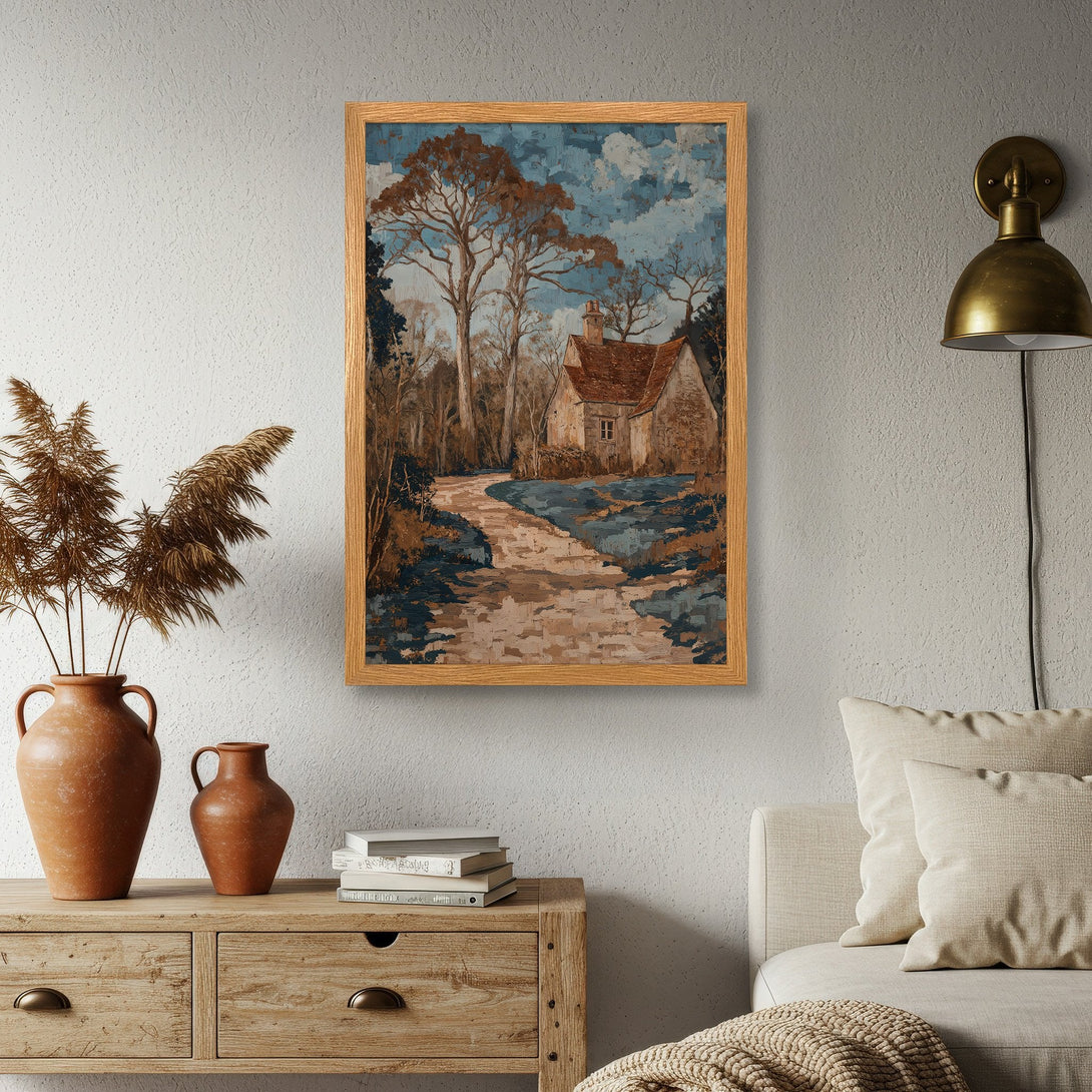 Framed Poster of a serene landscape painting in a warm, earthy color palette. Perfect for adding rustic charm to your home.