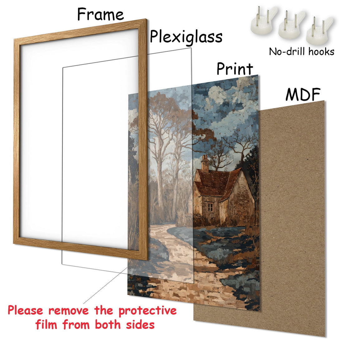 Framed Poster of a serene landscape painting in a rustic style, featuring a house and trees. Earthy tones and blue hues. Ready to hang!