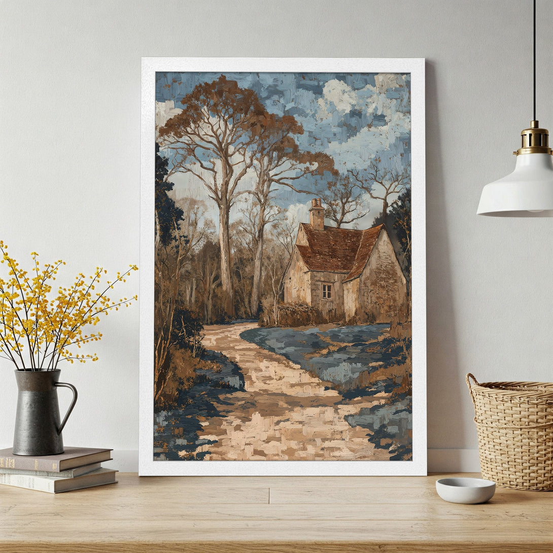 Framed Poster of a rustic cottage scene in a painterly style with a brown, blue, and beige color palette. Perfect wall art!