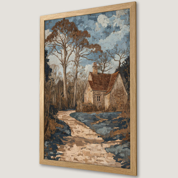 Framed Poster featuring a serene landscape painting with a cottage, trees, and a path. Earthy tones and impressionistic style.