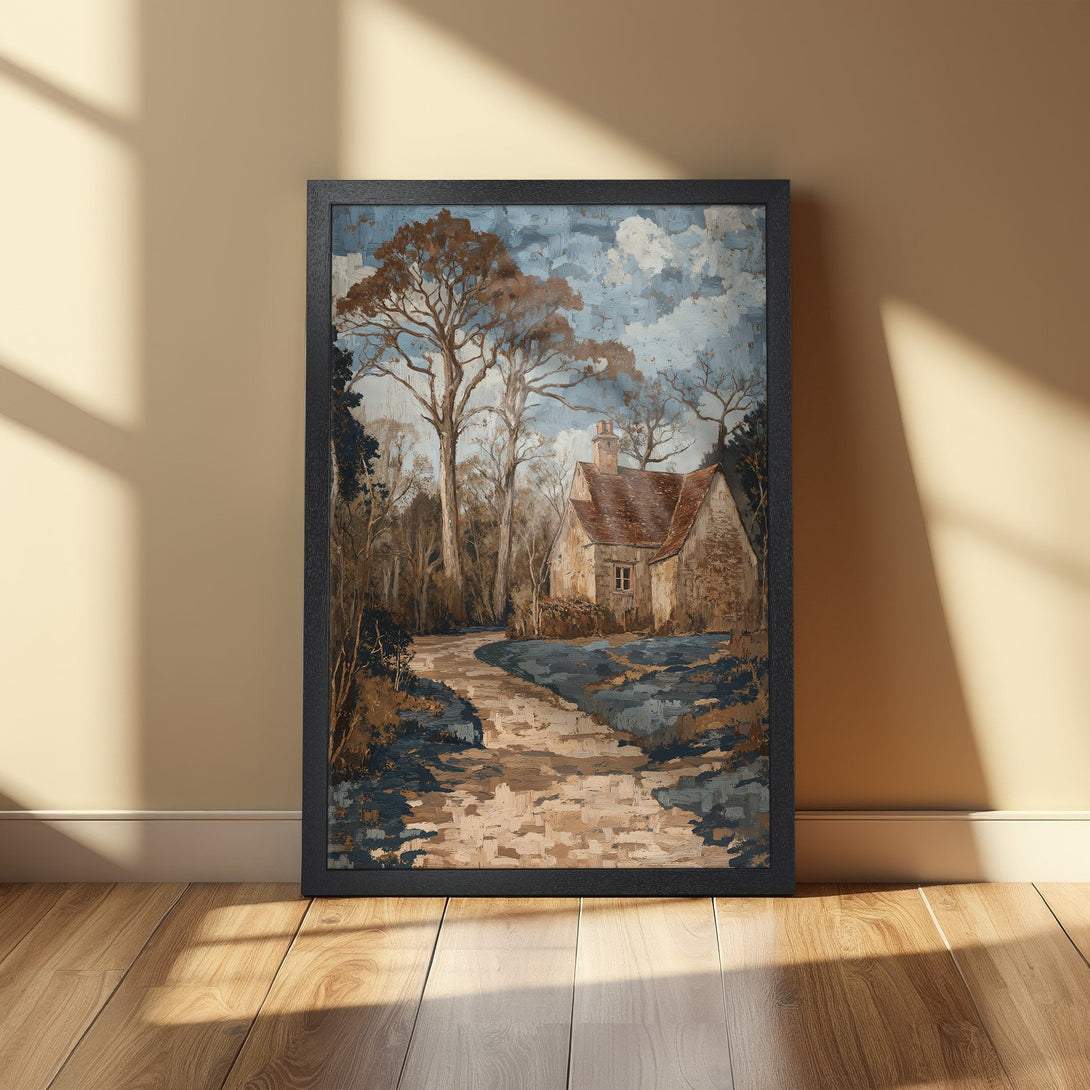 Framed Poster of a cottage landscape in a rustic style with a muted blue, brown, and beige color palette. Perfect wall art.