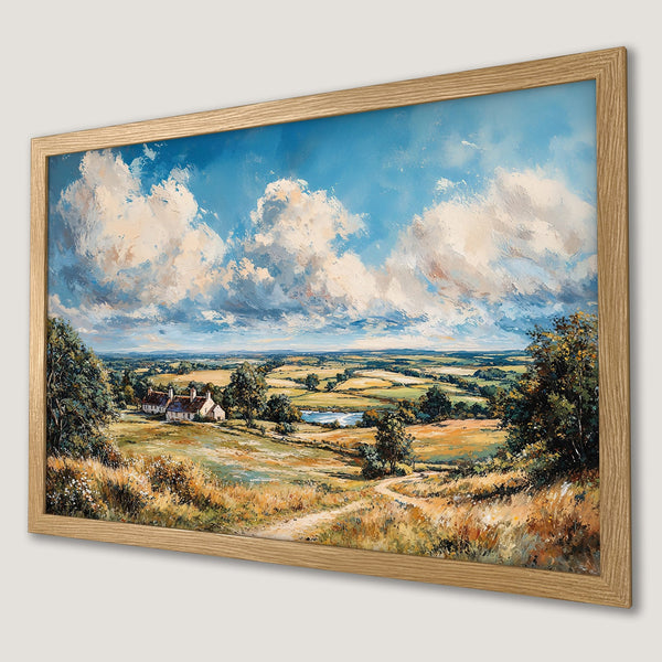 Framed Poster of a serene landscape painting. Featuring a cottage, fields, and blue sky with a warm, natural color palette. Perfect wall art!