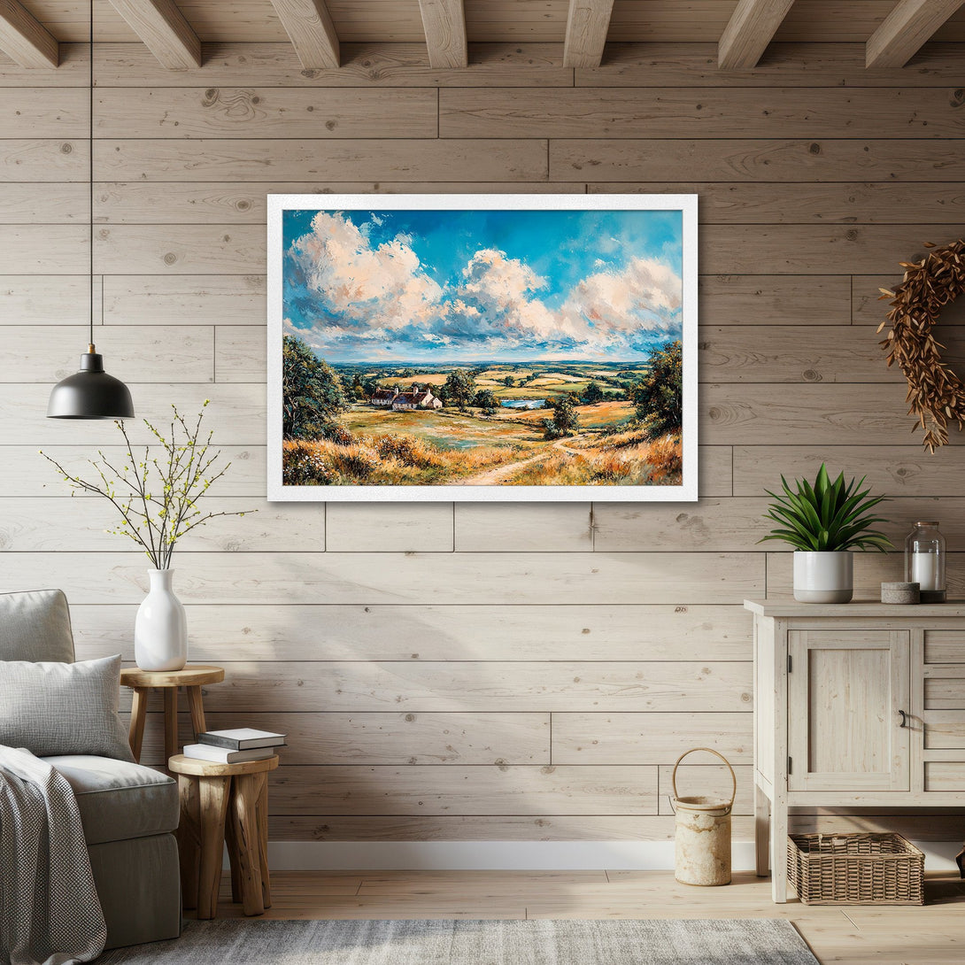 Framed Poster of a landscape painting in impressionist style, featuring a blue sky, green fields, and warm earth tones. Perfect wall art!