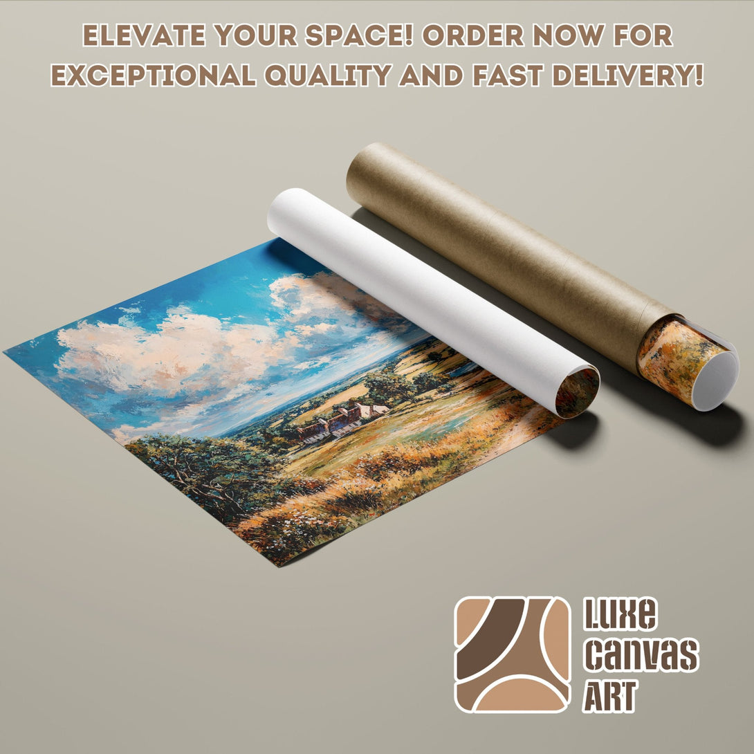 Poster Roll of a landscape painting with blue sky and earth-tone palette. Elevate your space!
