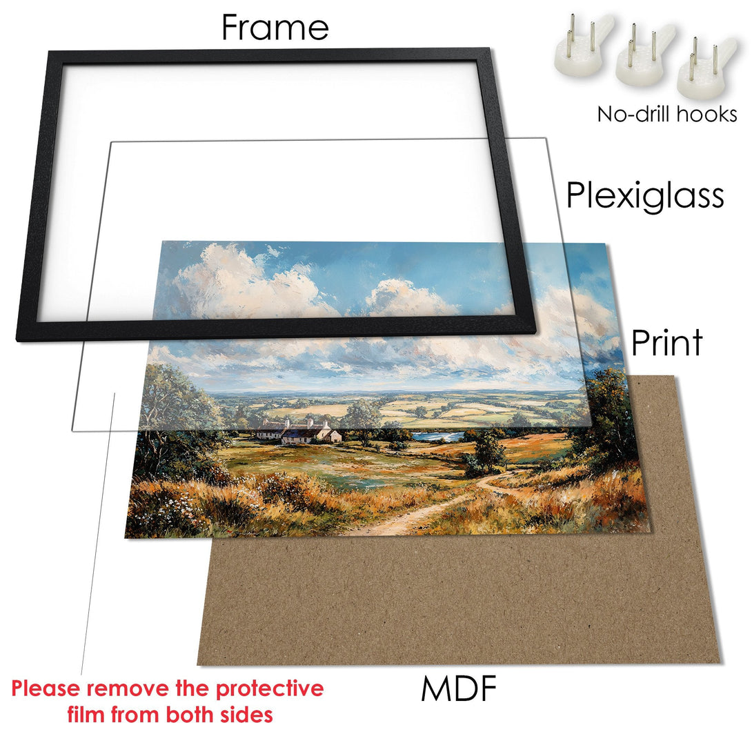 Framed Poster of a serene landscape painting in a black frame. Features a blue, green, and brown color palette. Perfect wall art!
