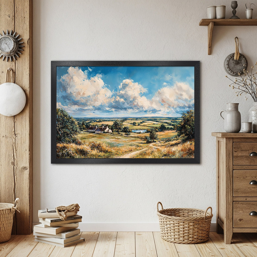 Framed Poster of a serene landscape painting with blue sky and clouds. Impressionistic style, warm color palette. Perfect wall art.