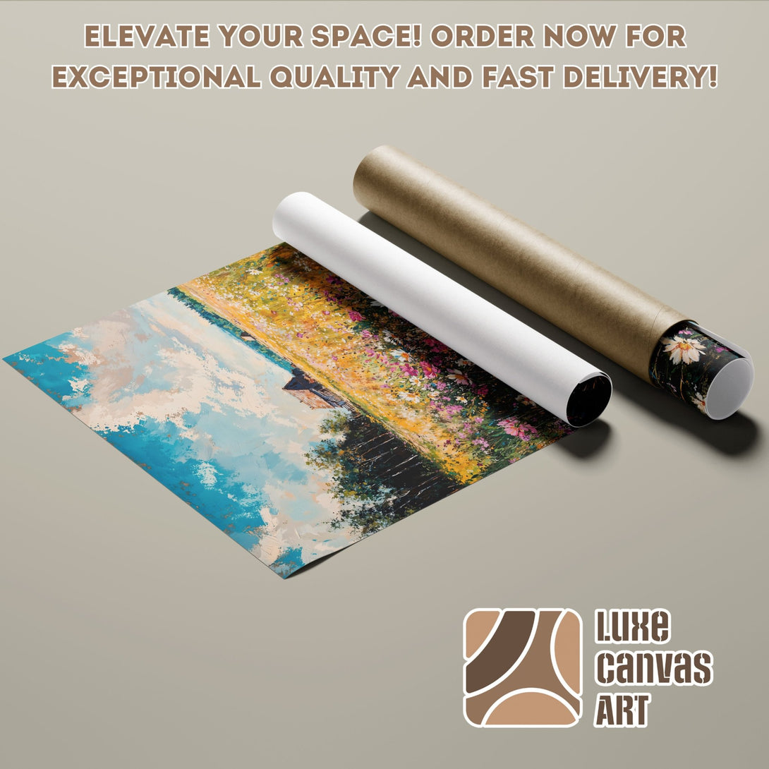 Poster Roll featuring an Impressionist landscape painting with blue, yellow, and pink hues. Elevate your space with art!