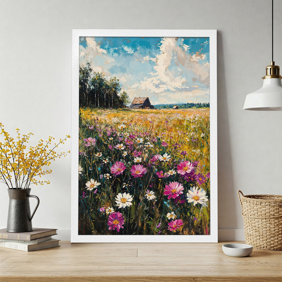 Framed Poster of a vibrant field painting with wildflowers. Impressionistic style, featuring a colorful palette of blues, pinks, and yellows.